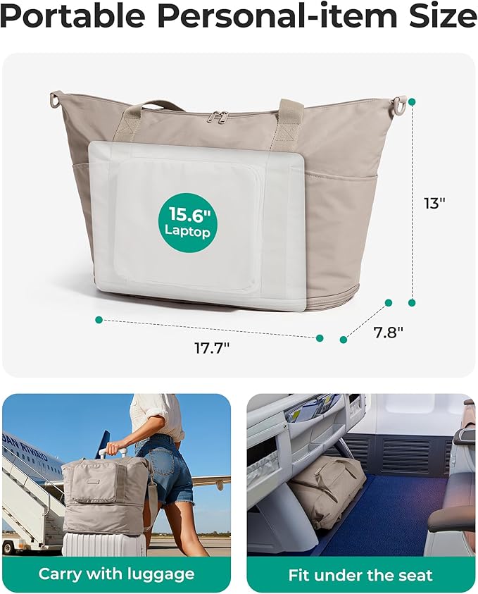 BAGSMART Foldable Travel Bag, 37L Expendable Personal Item Bag, Lightweight Weekender Bags for Women, Water Resistant Extra Carry on for Travel, Kelp Green