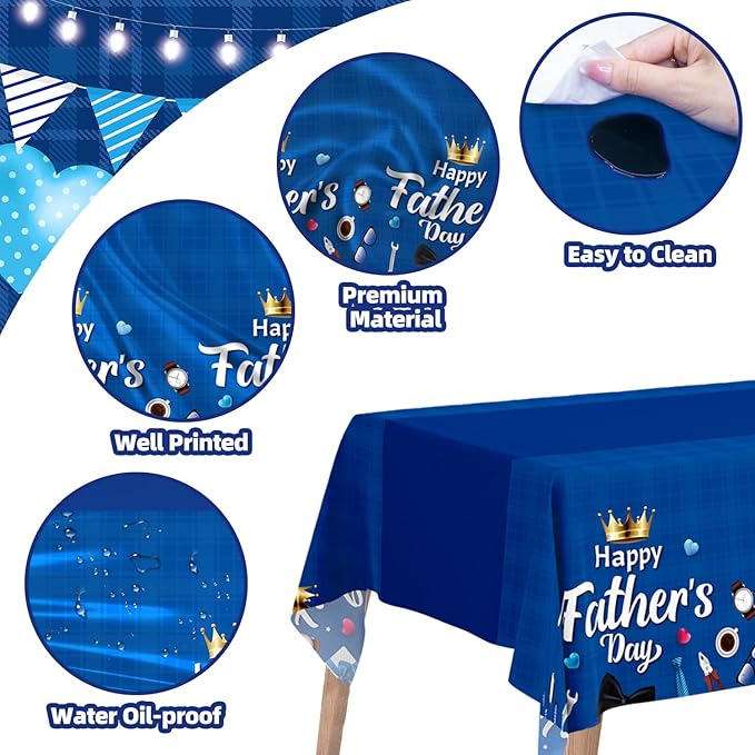 3-Pack Father's Day Tablecloth, Fathers Day Party Decorations, 54" x 108" Blue Plastic Disposable Table Covers, Father's Day Party Supplies