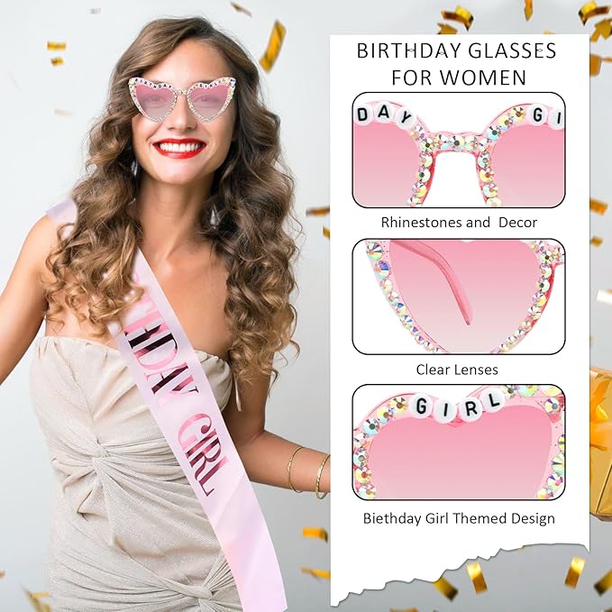 Birthday Girl Sash & Glasses Set, Birthday Sash for Women Girls, White & Pink Happy Birthday Decorations Outfits Accessories Party Favors Set for Women Girls