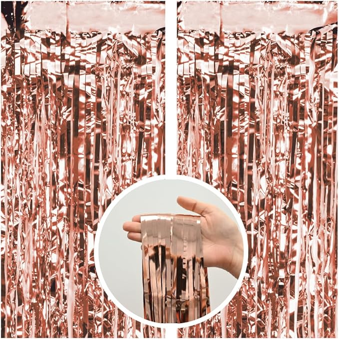 Pack of 2 Rose Gold Foil Fringe Curtains – Rose Gold Tinsel Backdrop for Photo Booth, Birthday, Wedding, Baby Shower, Bachelorette, Christmas & Holiday Party Decorations