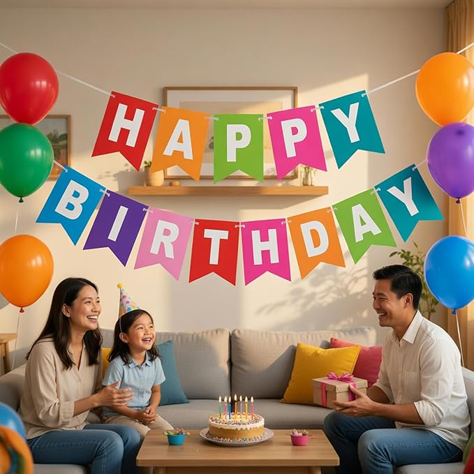 Rainbow Happy Birthday Banner Colorful Birthday Flag Bunting for Party Backdrop Decor, Happy Birthday Sign Party Supplies for Women Kids Baby Shower Hanging Decor
