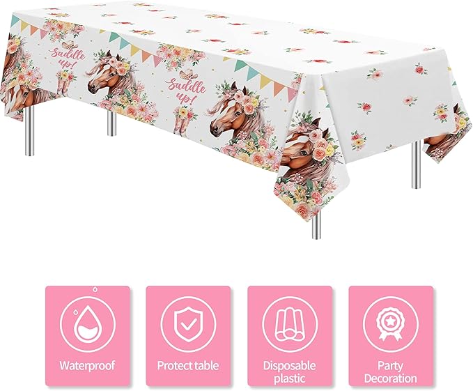 Cowgirl Party Decorations Tablecloth, 3Pcs Disposable Saddle Up Horse Party Tablecover Supplies for Girls, Western Wild West Cowgirl Birthday Baby Shower Table Cloth, 86in x 55in