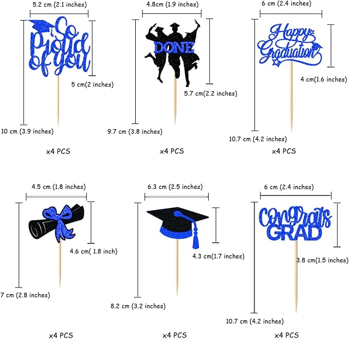 24 Pack 2026 Congrats Grad Cupcake Toppers Set, Glitter Graduation Cupcake Decor, Class of 2026 Cupcake Picks for Senior High School College Grad Party Decorations(Black with Royal Blue) B