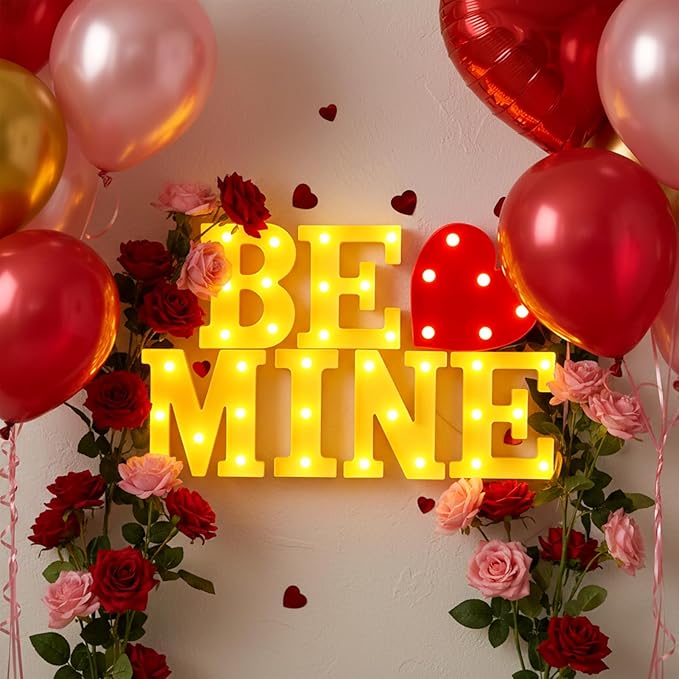 Honoson 7 Pcs Valentines Day Decoration, Be Mine Light up Sign Romantic Heart LED Letters Lights for Valentine Day Engagement Confession Proposal Boyfriend Girlfriend Lover Special Night Party Decor