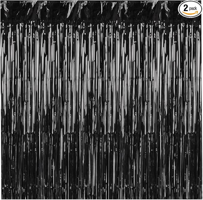 Pack of 2 Black Foil Fringe Curtains – Black Tinsel Backdrop for Photo Booth, Birthday, Wedding, Baby Shower, Bachelorette, Christmas & Holiday Party Decorations