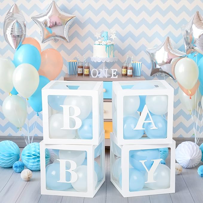 Baby Boxes with Letters for Baby Shower, 4 Transparent Balloon Boxes with Letters for Gender Reveal Birthday Wedding Baby Shower Decorations(Blue and White Balloons)