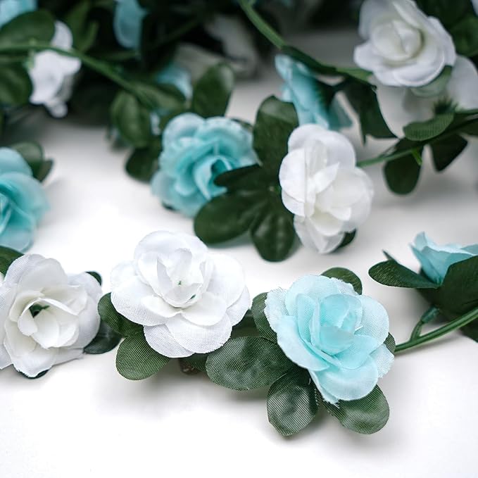 BLEUM CADE 12Pcs 98.4Ft Flower Garland Artificial Rose Vines with 98.4Ft String Lights, Cute Fake Hanging Flower Vines Floral Garland Decorations for Wedding Party Wall Room Decor Aesthetic