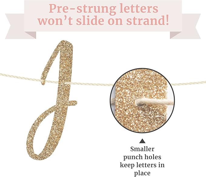 Pre-strung Just Married Banner - No DIY - Gold Glitter Wedding Party Banner in Script - Pre-strung Garland on 6 ft Strand - Gold Wedding Reception Party Decorations & Decor. Did We Mention No DIY