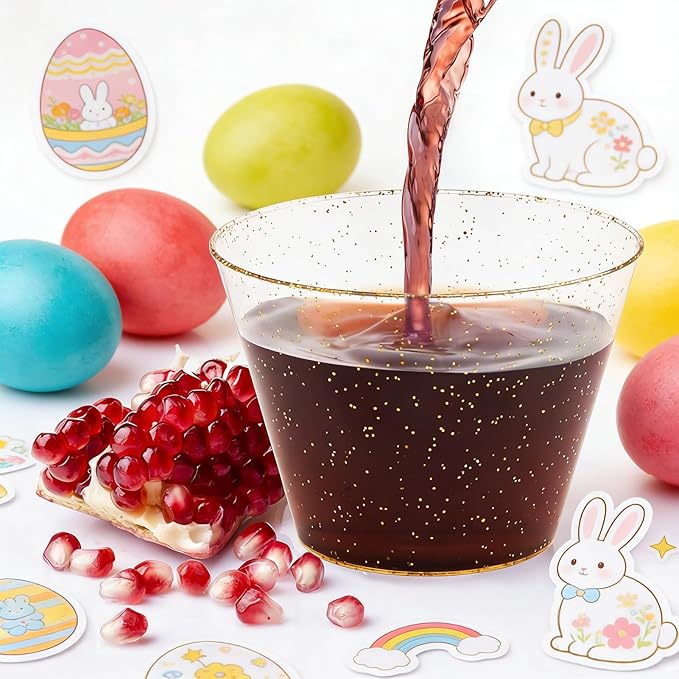 JOLLY CHEF 5 oz 100 Pack Small Glitter Disposable Cups, Glitter Plastic Cups, Disposable Plastic Shot Glasses Perfect for Parties Halloween Thanksgiving Christmas