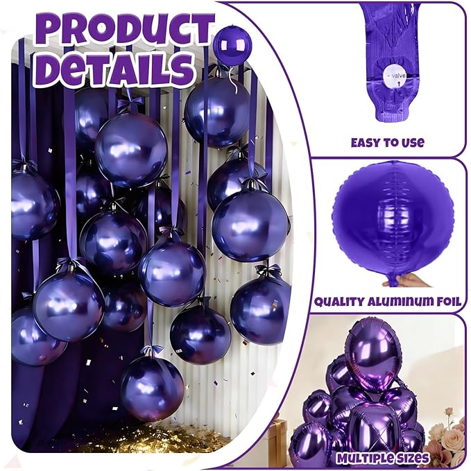 12Pcs Purple Round Balloons Foil, 22" 18" 15" 10" 4D Sphere Shaped Balloon Different Size, Large Metallic Purple Balloons for Wedding Prom Graduation Baby Shower Birthday Party Decorations Backdrop