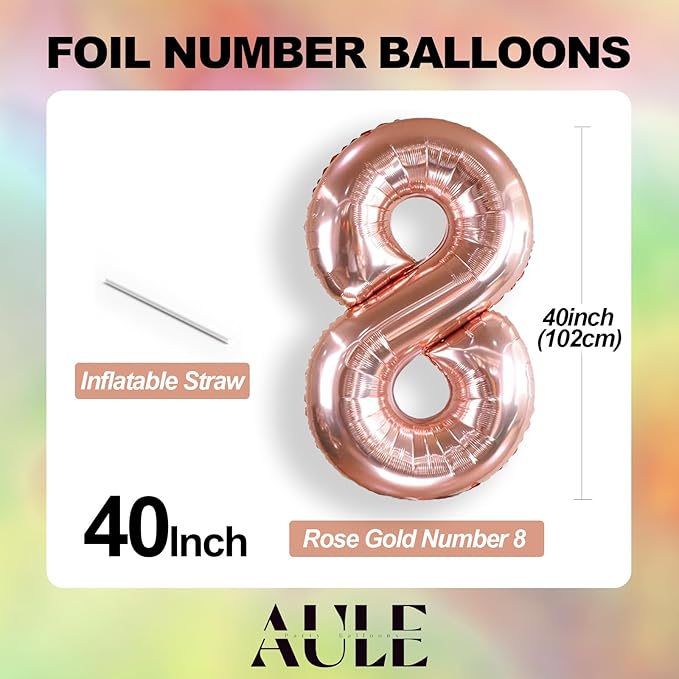 AULE 40 Inch Big Rose Gold 8 Balloon Number Large Foil Helium Number Balloons 0-9 Jumbo Giant Happy 8th Birthday Party Decorations for Boy or Girl Huge Mylar Anniversary Party Supplies