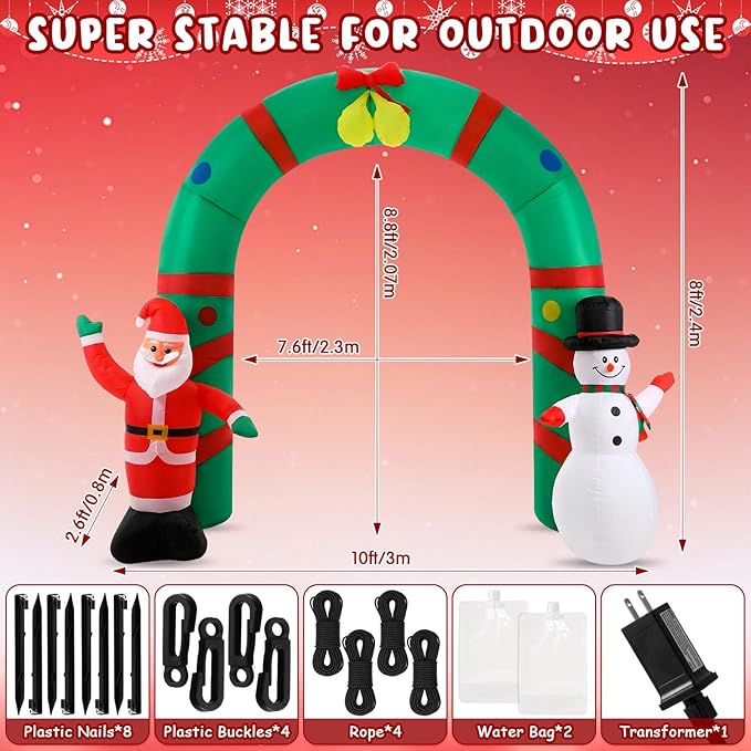 8ft Christmas Inflatable Archway Outdoor Decoration, Santa Claus and Snowman Arch Inflatable Blow up Yard Decor with Built-in LED Lights for Xmas Holiday Party Garden Lawn Decoration