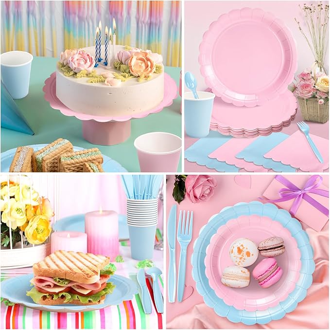 Vyntra 350 Pcs Pink and Blue Disposable Paper Plates and Napkins Set for 50, 9" Dinner Plates & 7" Dessert Plates, Tableware for Baby Shower, Gender Reveal, Birthday, Party