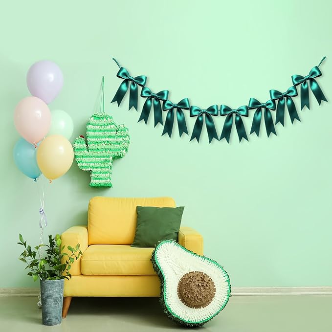 2 Strings of 16PCS Dark Green Bow Garlands Banner Decoration,Pre-Strung Satin Ribbon Ornaments for Birthday,Bachelorette Party,Bridal Shower,Wedding,Engagement,Baby Shower,Graduation Decor,Anniversary