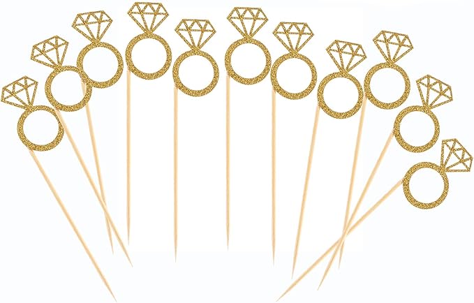 50 Pack Cupcake Toppers Gold Glitter Mini Diamond Ring Cakes Toppers for Marriage Engagement Anniversary Birthday Valentines Party Cake Decor