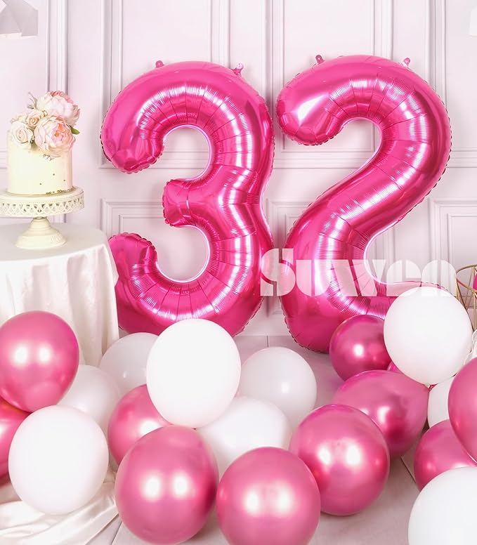 SUWEN 40 Inch Large Hot Pink 32 Balloon Numbers Big Foil Helium Number Balloons 0-9 Jumbo Happy 32nd Mylar Birthday Party Decorations for Women 23 Anniversary Party Supplies