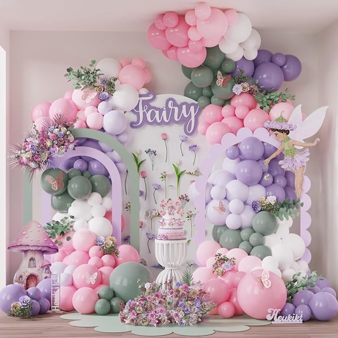 Fairy Wonderland Party Decorations 155Pcs Dusty Green Pink Purple Balloons Garland Arch Kit Pastel Pink Lavender Purple White Latex Balloons for Spring Tea Party Wedding Birthday Flower Party Backdrop
