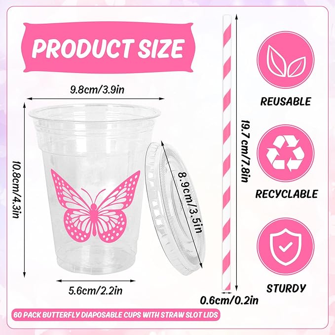 Whaline 60Pcs Butterfly Disposable Plastic Cups with Lids and Straws Pink Purple Blue Butterfly Cold Beverage Drinking Cups for Wedding Birthday Baby Shower