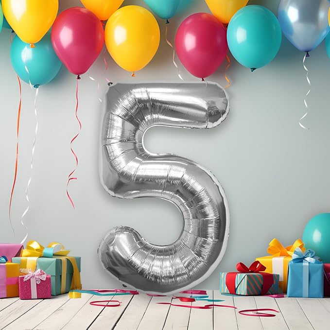 40 Inch Large Silver Number Celebration and Decoration Balloon for Birthday Parties, Graduations, Anniversaries, Weddings, Photo Shoots, Special Events - Helium Foil (Silver Number 5)
