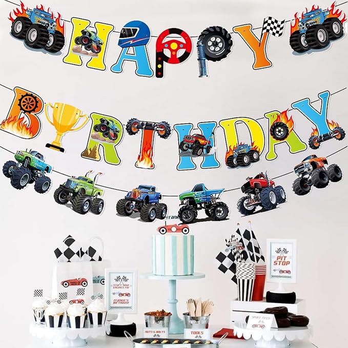 Zwiebeco Trucks Off-road Vehicles Happy Birthday Party Decoration Banner Hanging Paper Sign for Kids Adults Racing Themed Accessories Supplies