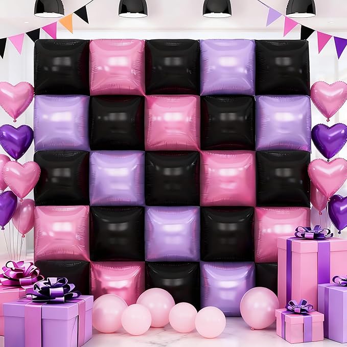 Pink and Purple Black Square Foil Balloons Wall, 19'' Reusable DIY Mylar Double Balloons Garland Tunnel Arch Kit for Baby Shower Anniversary Bachelorette Birthday Engagement Bridal Decor ﻿