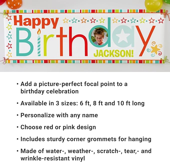 Let's Make Memories Personalized Birthday Banner - Kids Party Decorations - Custom Happy Birthday Banner - Indoor/Outdoor Vinyl - Any Text and Photo - Pink Multi - 6ft