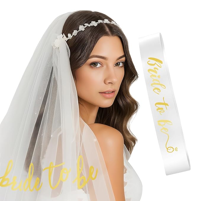 Gold Bride to Be Sash Veil for Bachelorette Party Accessories, 2 Pack Bride to Be Decorations Set for Women and Girls, Bridal Shower Decorations, Engagement Gifts for bride