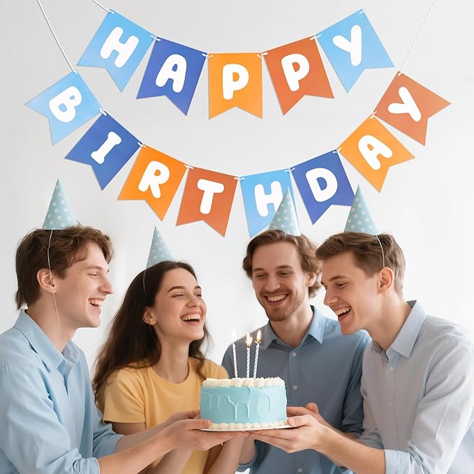 Blue and Orange Happy Birthday Banner Birthday Party Banner NO DIY Happy Birthday Sign Pre-Strung Birthday Decorations for Women Men Girl Boy Party Supplies (Blue and Orange)
