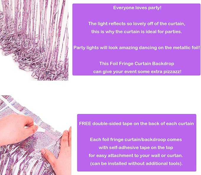 2 Pack 3.2ft x 8.3ft Foil Fringe Backdrop Metallic Tinsel Door Window Curtain Party Photo Booth Props for Birthday Bachelorette Wedding Graduation Party Decorations (Purple)