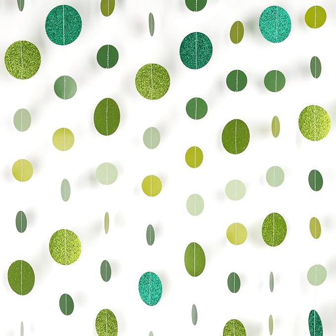 8 Pack Green Glitter Dot Garland, Hanging Circle Streamers Banner, Backdrop Hanging Decorations for Easter, St. Patrick’s Day, Spring Celebrations, Birthday Parties, Baby Showers, Weddings and More