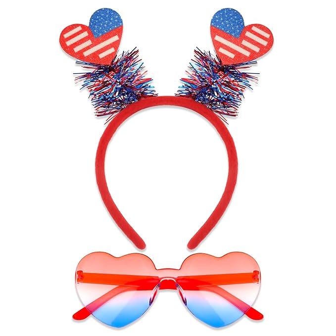 Semato 2 PCS Patriotic Party Accessories Heart 4th of July Headband and Red White Blue Heart Sunglasses