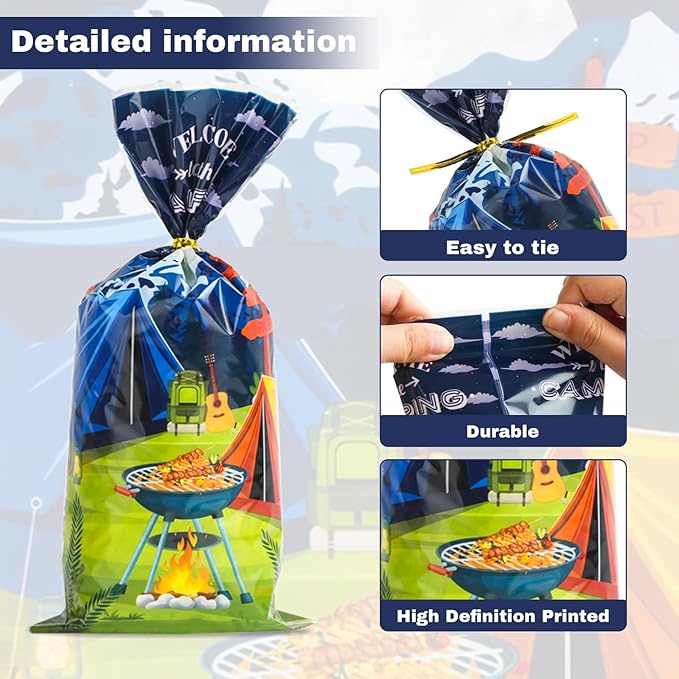 Docvania Camping Cello Cellophane Treat Gift Bags Camp out Cookie Bags 100 pcs 5 X 11 Camp Goodie Bag with Ties for Camping, party decorations and festivals
