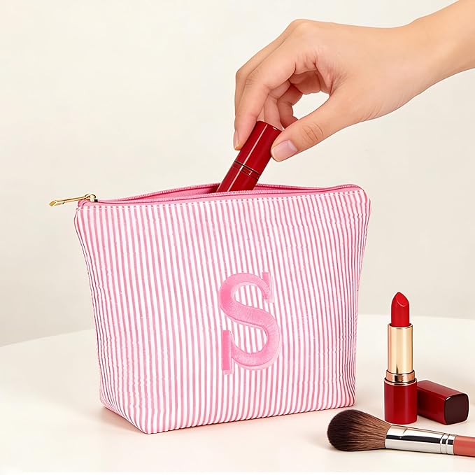 Travel Makeup Bag for Girls - Personalized Initial Pink Makeup Bag, Teen Girl Gifts Trendy Stuff, 6 7 8 9 10 11 12 Year Girl Birthday Gift, Christmas Gift for Girls Travel Essentials, Letter J
