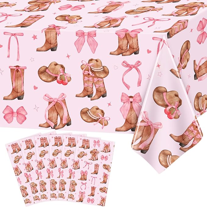 6Pcs Western Cowgirl Tablecloth Coquette Bow Cowgirl Birthday Party Tablecover 51x86 inch Cowboy Rodeo Table Cloth Western Theme Party Decoration Birthday Party Supplies