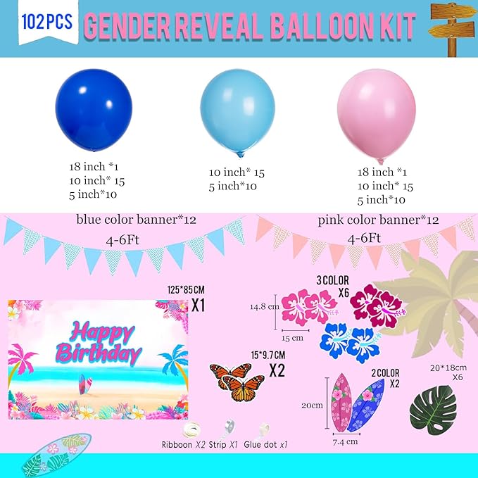 Pastel Pink and Blue Balloon Garland Arch with paper cards banner backdrop Artificial Palm Leaves for kids cartoon Hawaii gender reveal Baby shower birthday halloween trunk or treat party decorations