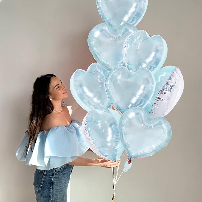 TONIFUL 30Pcs 18 Inch Light Blue Balloons Iridescent Blue Heart Shape Foil Mylar Banners Decoration for Birthday Valentine's Day Wedding Bridal Shower Anniversary Engagement Party Supplies
