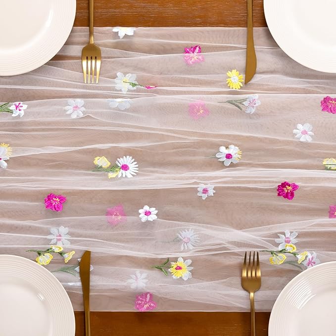 Socomi Floral Table Runner Spring Wildflower Gauze Tulle Cheesecloth Embroidery Sheer Table Runners for Wedding Party Baby Shower Birthday Holiday Picnic Home Decor 3pcs