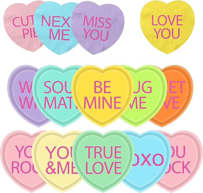 HAKOTI Valentine’s Day Paper Plates Supplies Conversation Heart Tableware,40Pcs Heart Shaped Plates and Napkins