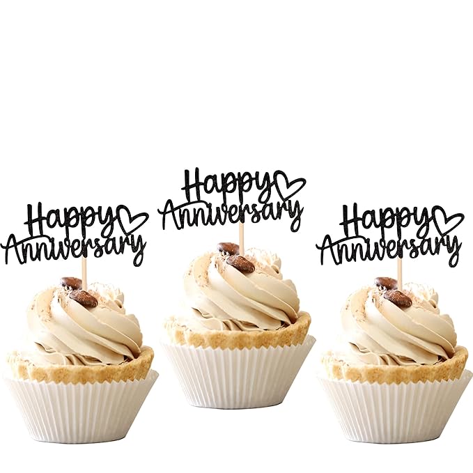 24 PCS Happy Anniversary Cupcake Toppers Glitter Wedding Anniversary Cupcake Picks Decorations for Wedding Anniversary Birthday Party Supplies Black