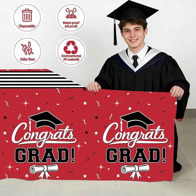 7-Pack Graduation Party Decorations Set, 3 Red Graduation Tablecloths 54x108in, 2026 and Grad Balloons, 2 Foil Fringe Curtains for High School College Graduation Party Photo Booth