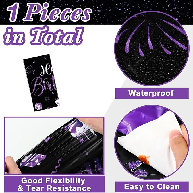 Tudomro 1 Pcs Happy Birthday Tablecloths Happy Birthday Party Decorations Plastic Table Cover Rectangular Cloths for Women Men Baby Shower Party Supplies, 108 x 54 Inch (Black Purple)