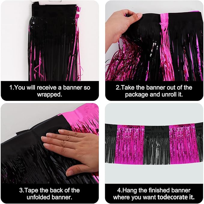 BEISHIDA 3 Packs Metallic Foil Fringe Garland Black Hot Pink Wall Hanging Tinsel Fringe Banners for Car Floats Bridal Shower Wedding Birthday Graduation Holiday Party Decoration(30 Feet)