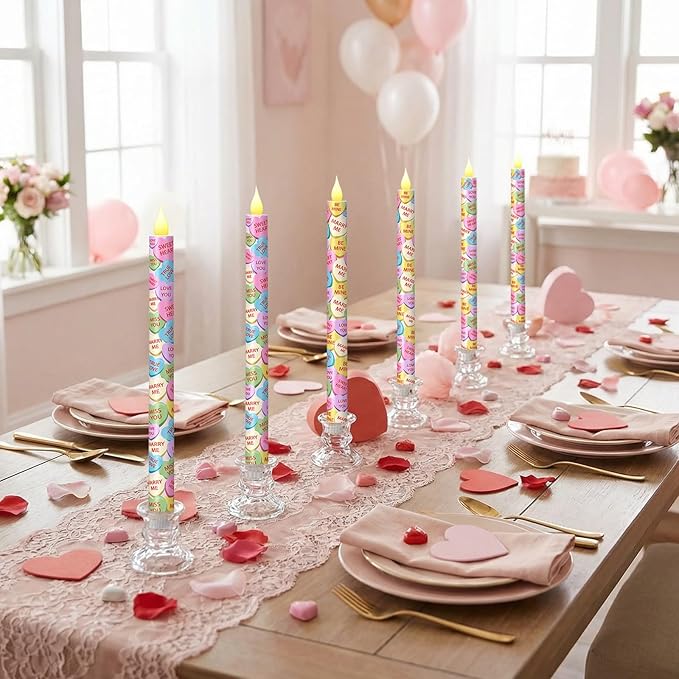Honoson 6 Pcs Conversation Heart Decor 10.6 Inch Valentine Day Flameless Taper Candles Battery Operated LED Candlesticks for Conversation Hearts Party Valentine Wedding Anniversary Dinner Table Decor