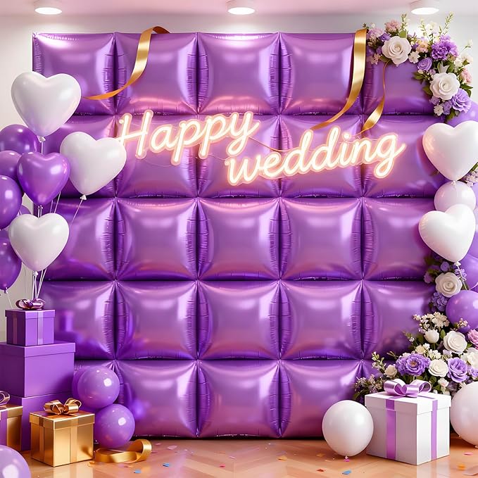 50Pcs Light Purple Square Foil Balloons Wall Backdrop, Double Sided Metallic Foil Balloons Tunnel Arch Garland Kit for Photo Booth Birthday Wedding Halloween Christmas Party Decorations