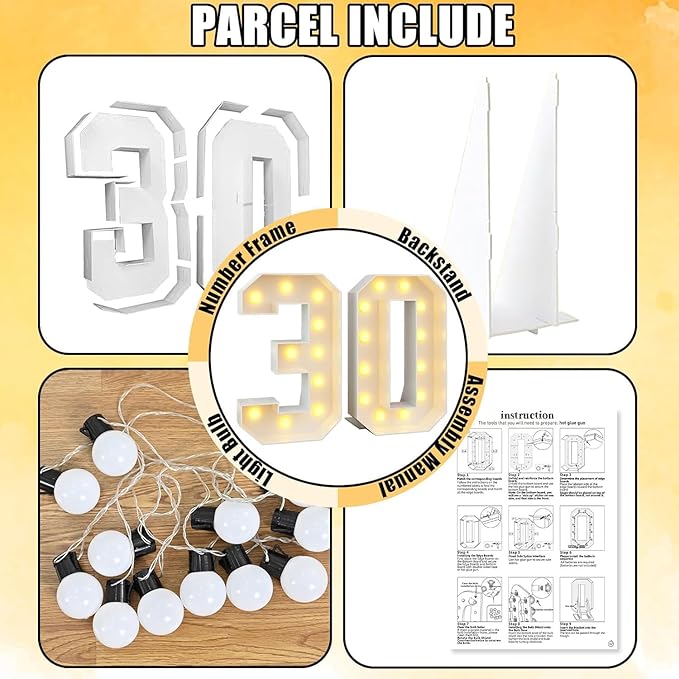 Marquee 4ft Numbers with Light up Number 30 White Mosaic Frame Slots-in Letter 30 for 30th Birthday Party Decorations Pre-Cut Cardboard Large Giant Cut-Out Thick Foam Board Sign Anniversary