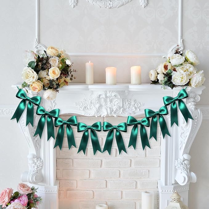 2 Strings of 16PCS Dark Green Bow Garlands Banner Decoration,Pre-Strung Satin Ribbon Ornaments for Birthday,Bachelorette Party,Bridal Shower,Wedding,Engagement,Baby Shower,Graduation Decor,Anniversary