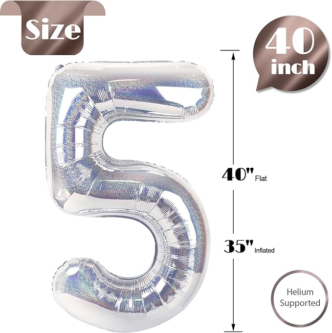 Laser Silver 5 Balloon, Number Balloons 40 Inch, 5th Birthday Balloon Decorations, Laser Silver Party Supplies, 5 Number Balloons, Number 5 Balloon