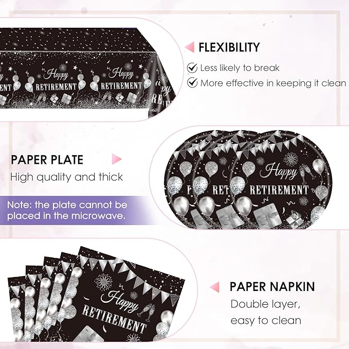 41PCS Happy Retirement Party Decorations for Men and Women,Black Silver Happy Retirement Paper Plates Napkins and Tablecloth Disposable Dinnerware for Farewell Going Away Table Decor Party Supplies
