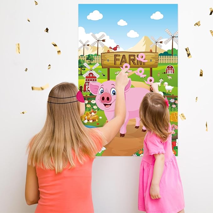 Hooqict Pin The Tail on The Pig Party Game Farm Birthday Party Games for Kids Farm Animal Party Decorations Pig Party Supplies, Large Pin The Tail Game Poster with 36 Tail Stickers