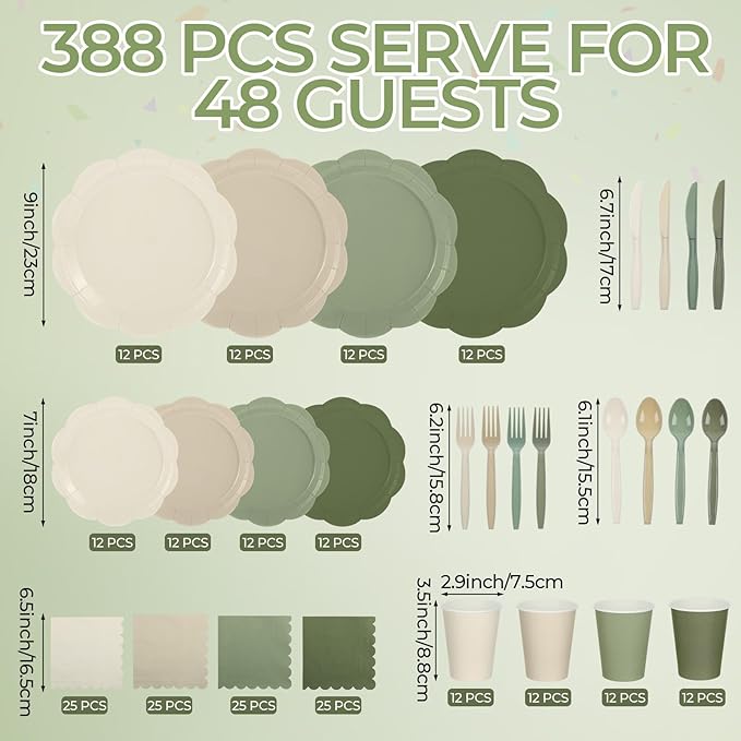 Qinyoung 388 Pcs Sage Green and Beige Plates and Napkins Party Supplies Tableware Include Disposable Scalloped Plate Paper Napkin Cup Plastic Cutlery for Baby Shower Party Wedding Birthday, 48 Sets